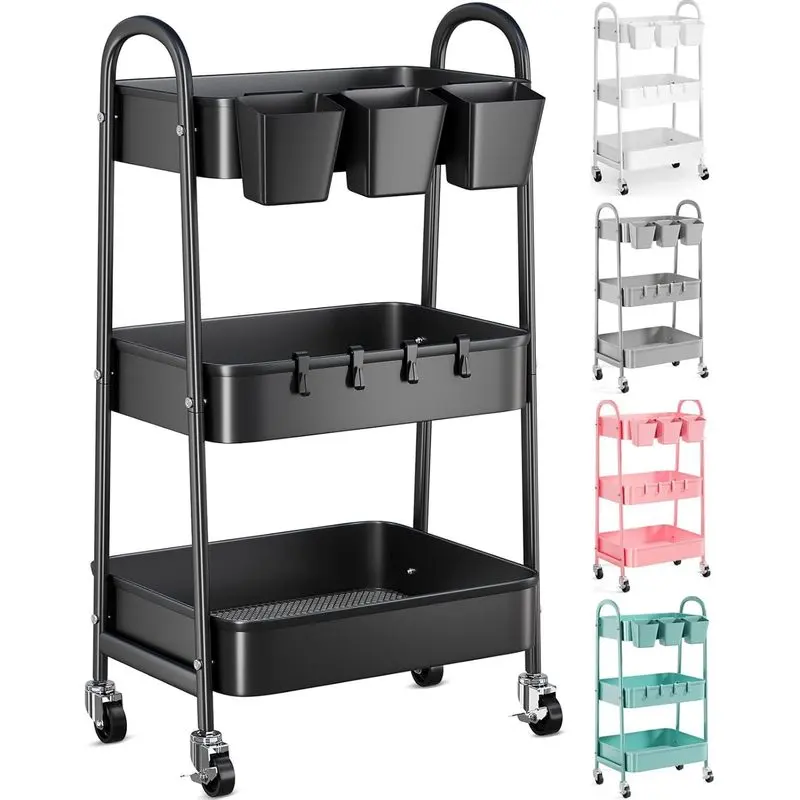 3 Tier Metal Rolling Cart with Lockable Wheels, Black Three Tiered Utility Cart with Handle and Hooks for Kitchen Bathroom Art Craft Storage,toilet