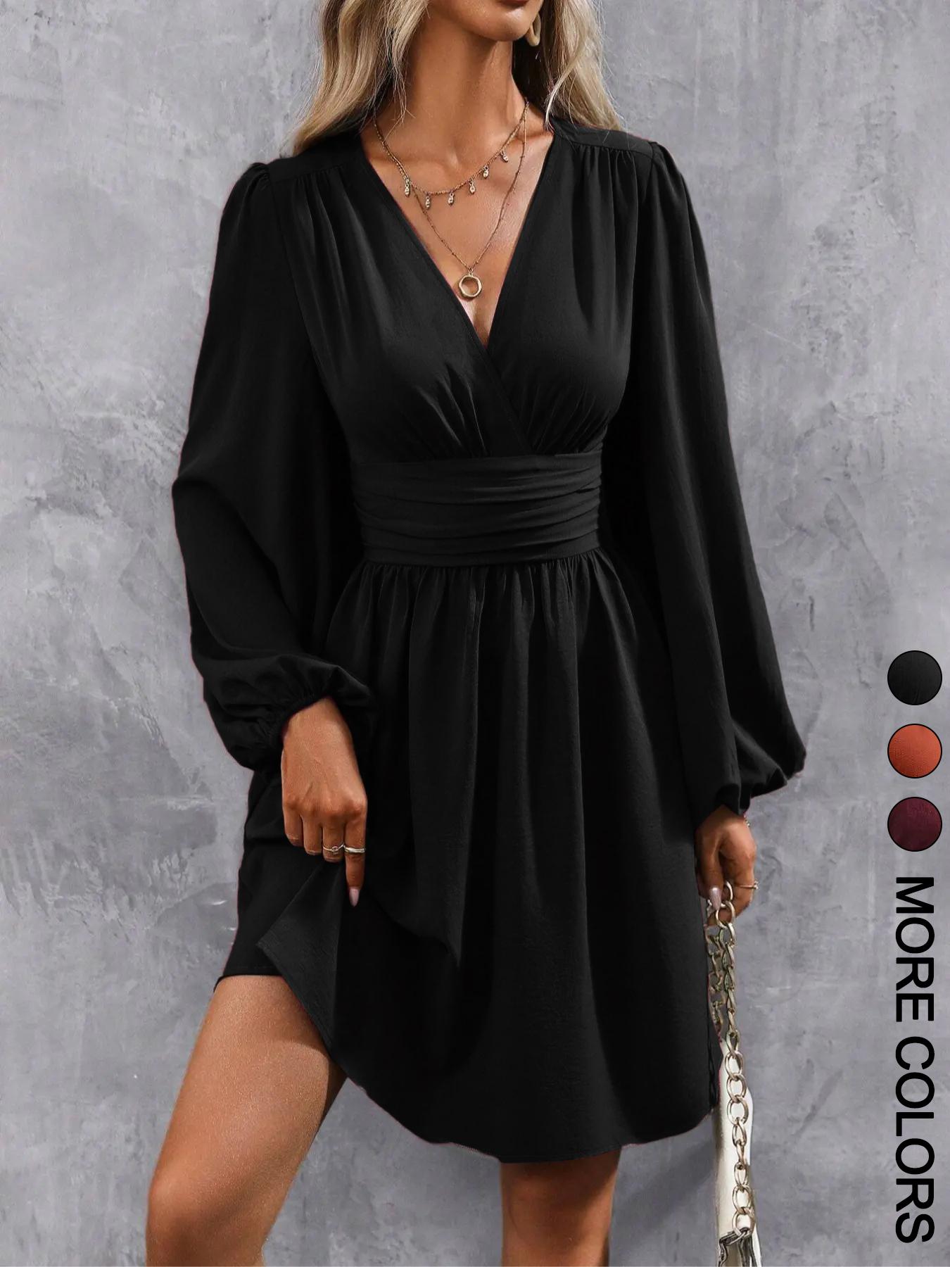 Women's Plain Deep V Neck Dress, Casual Bishop Sleeve A Line Dress for Spring & Fall, Women's Clothing for Daily Wear, Womenswear