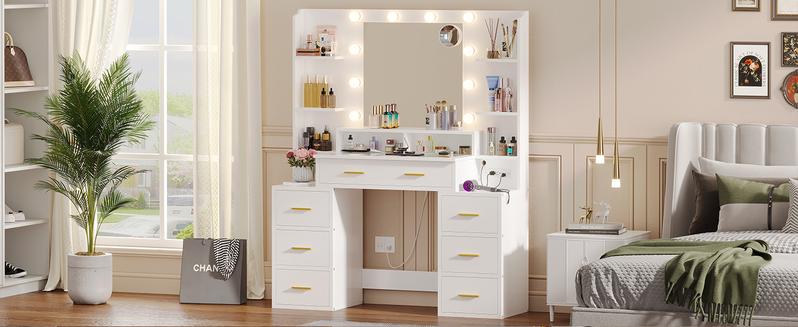 Sikaic Glass Top Vanity Desk with Charging Station & 10x Magnifying Mirror Makeup Vanity 8 Drawers Acrylic Dividers Large Adjustable White Table