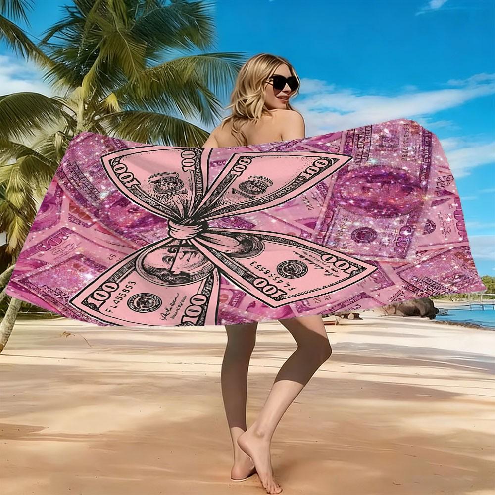 Printed Microfiber Beach Towel - Luxury Pink Dollar Bow Aesthetic Beach Towel - Soft & Absorbent Digital Print Microfiber Bath Towel for Pool, Travel, Yoga, and Vacation - Lightweight Multipurpose Oversized Towel for Summer Beach Days and Home Decor.