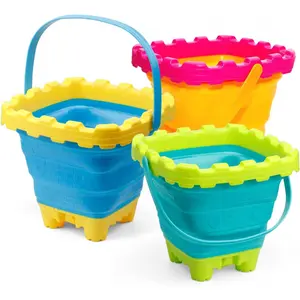 3L Jumbo Foldable Buckets, Castle Sand Beach Toy Silicon Pails For Kids Adults, Collasible Water Bucket Sandbox Kit Multi Use Summer Essential For Travel Cleaning, Camping, Picnic, Fishing 3 PCS