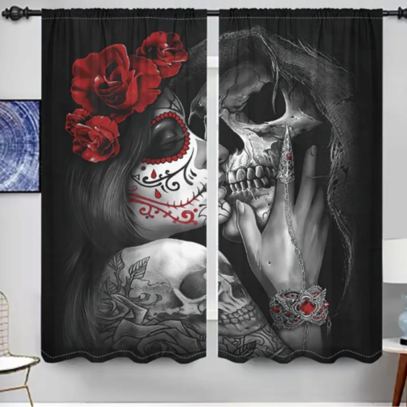 2pcs Gothic Skeleton Skull Curtains, High-Definition Digital Print, Polyester Material, Semi-Transparent, Privacy Protection, Washable, Home Decoration Curtain