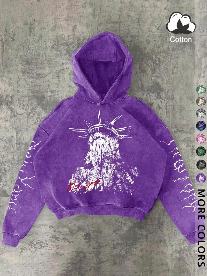 Unisex Streetwear Graphic Hoodie, New York Statue of Liberty & Gothic Symbols, Fall Winter Fitted Cotton Pullover, Casual Y2K Style