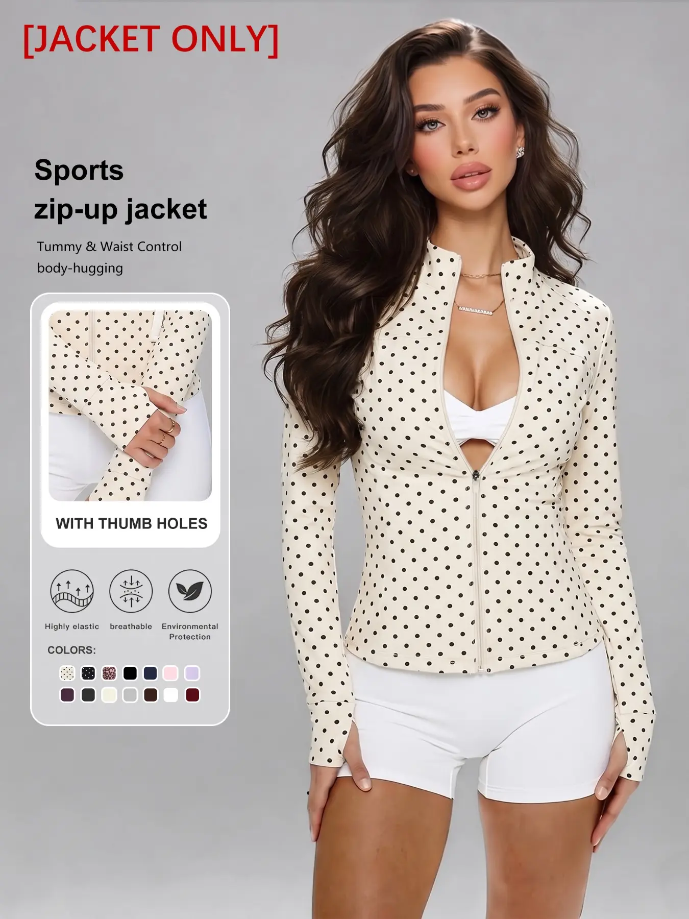 Women's Polka Dot Leopard Print Zipper Yoga Jacket, Slim-Fit Sporty Jacket with V-Neck and Long Sleeves, All Seasons Gym Wear, Zippered Sports Jacket
