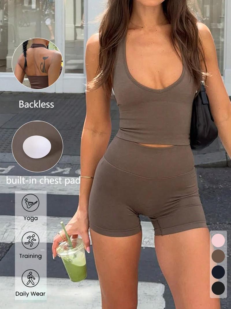 Sexy U-Neck Backless Halter Top Shorts Set, Elastic Comfortable Casual Wear, Perfect for Gym Yoga Running Daily
