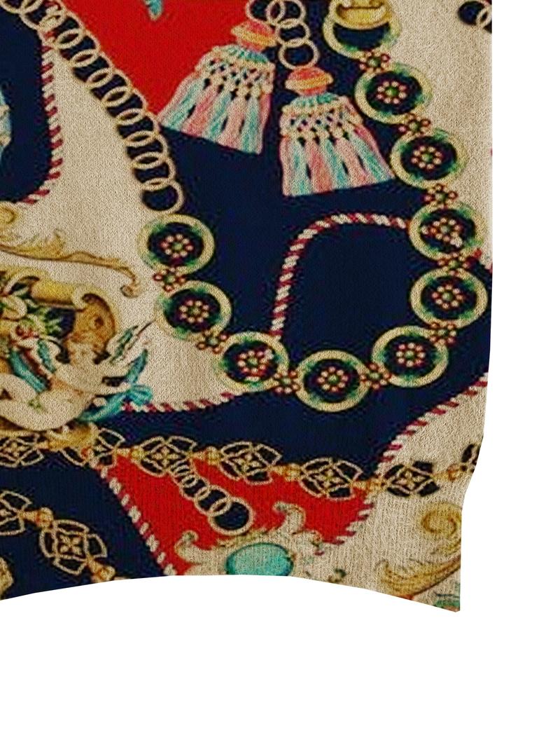 Women's Elegant Baroque Print Stand Collar Sweater, Fall Winter Casual Long Sleeve Knitwear, Comfortable Warm Top for Daily Wear