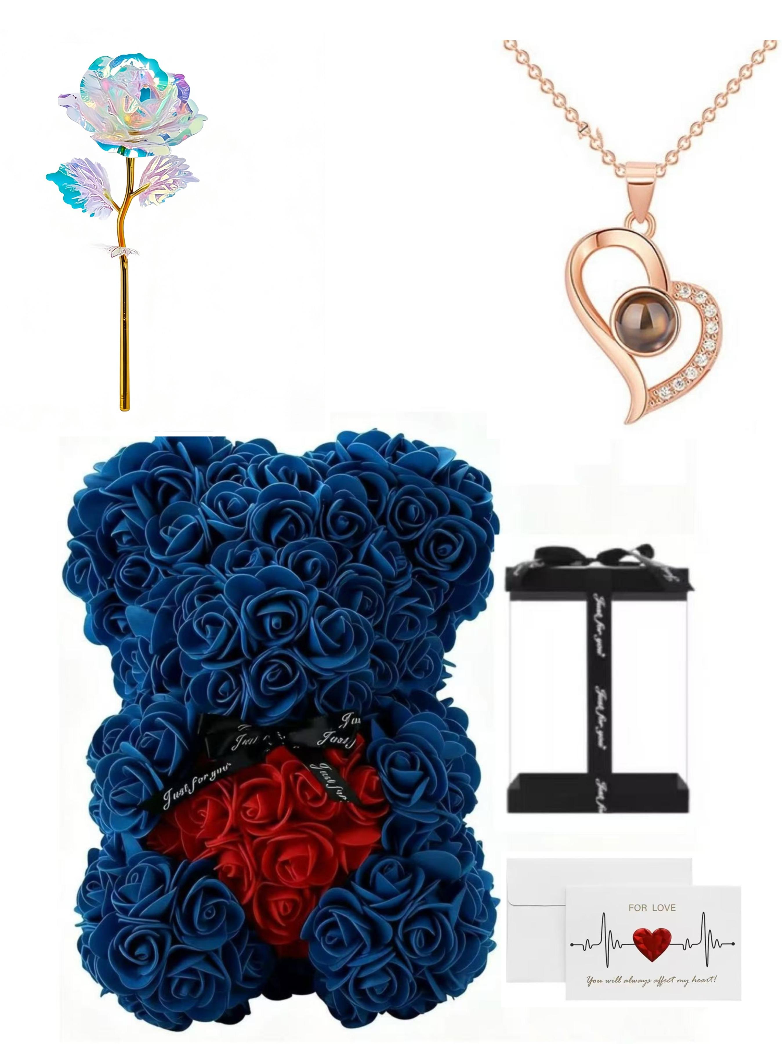 100 Languages 520 Necklace, Gold Foil Rose Flower Bear Gift, Mother's Day, Qixi Festival, Birthday Present for Mom, Girlfriend, Friend