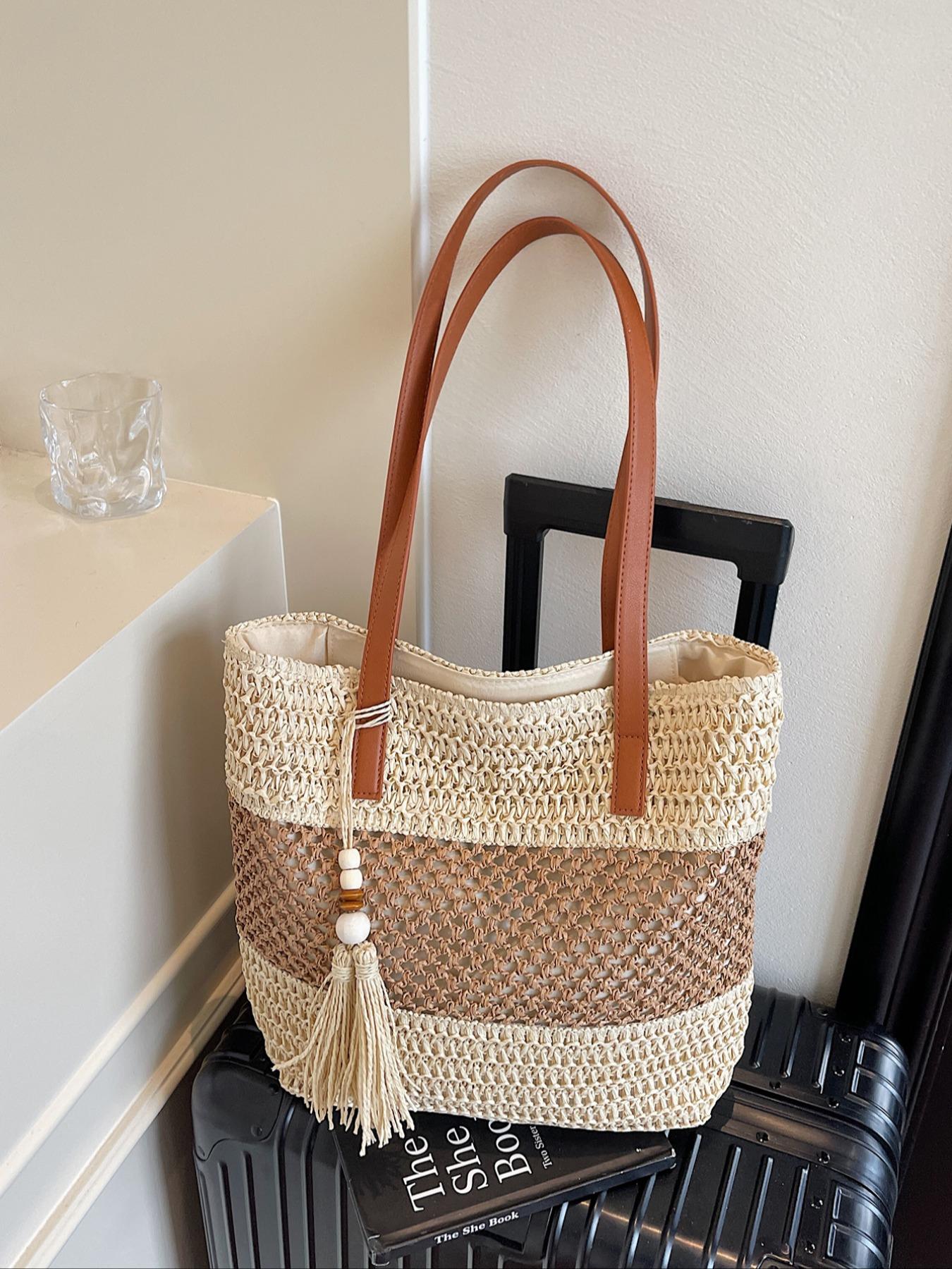 2026 Summer Bohemian Tote Bag, Handwoven Raffia, Leather Strap, Pearl Fringe, Large Capacity, Perfect for Daily Use, Fashionable & Comfortable