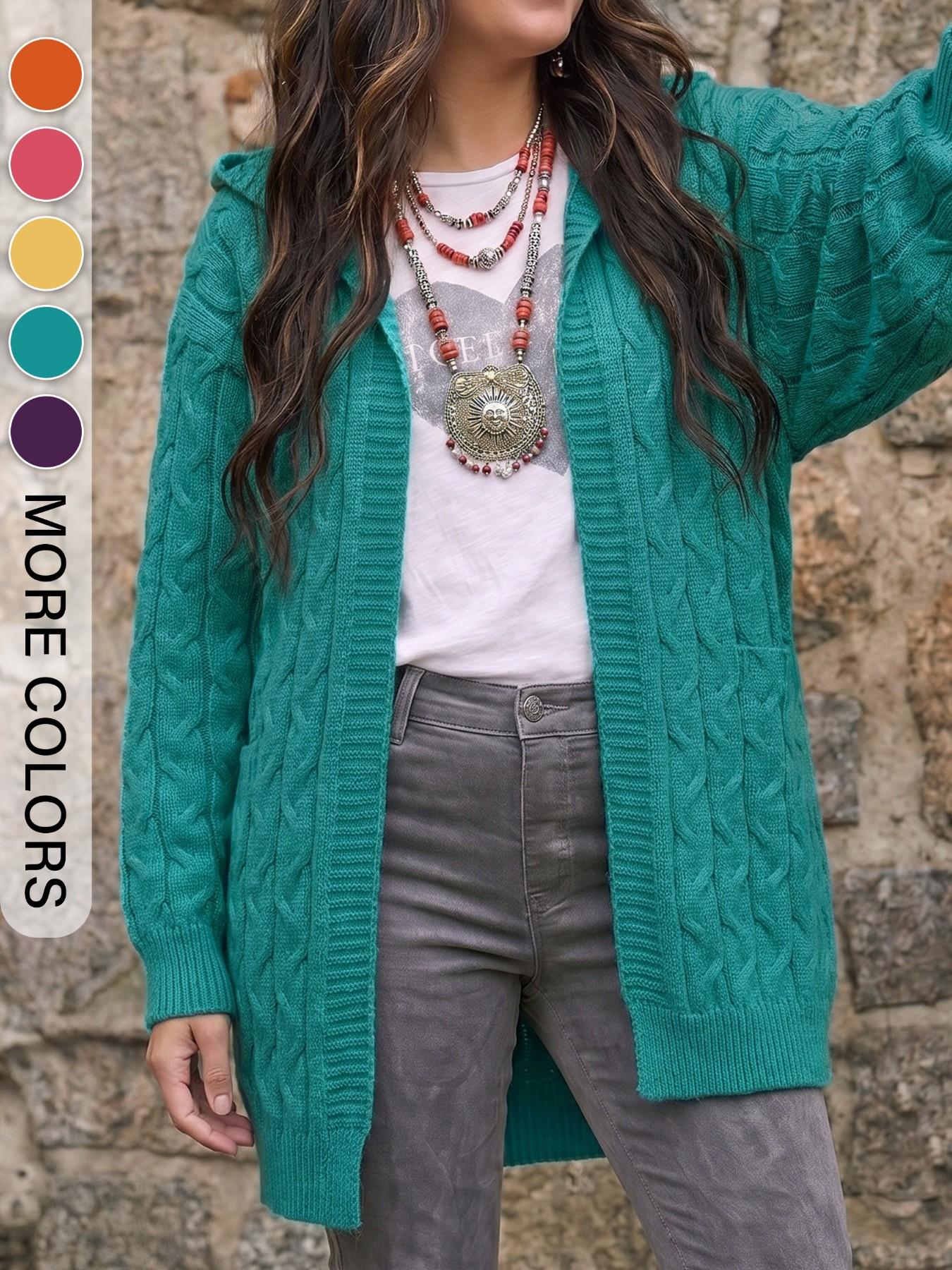 Women's Plus Size Pocket Knit Sweater, Comfortable Long Sleeve Cardigan, Casual Loose-Fitting Fall & Winter Top, Plain Design, Knitwear