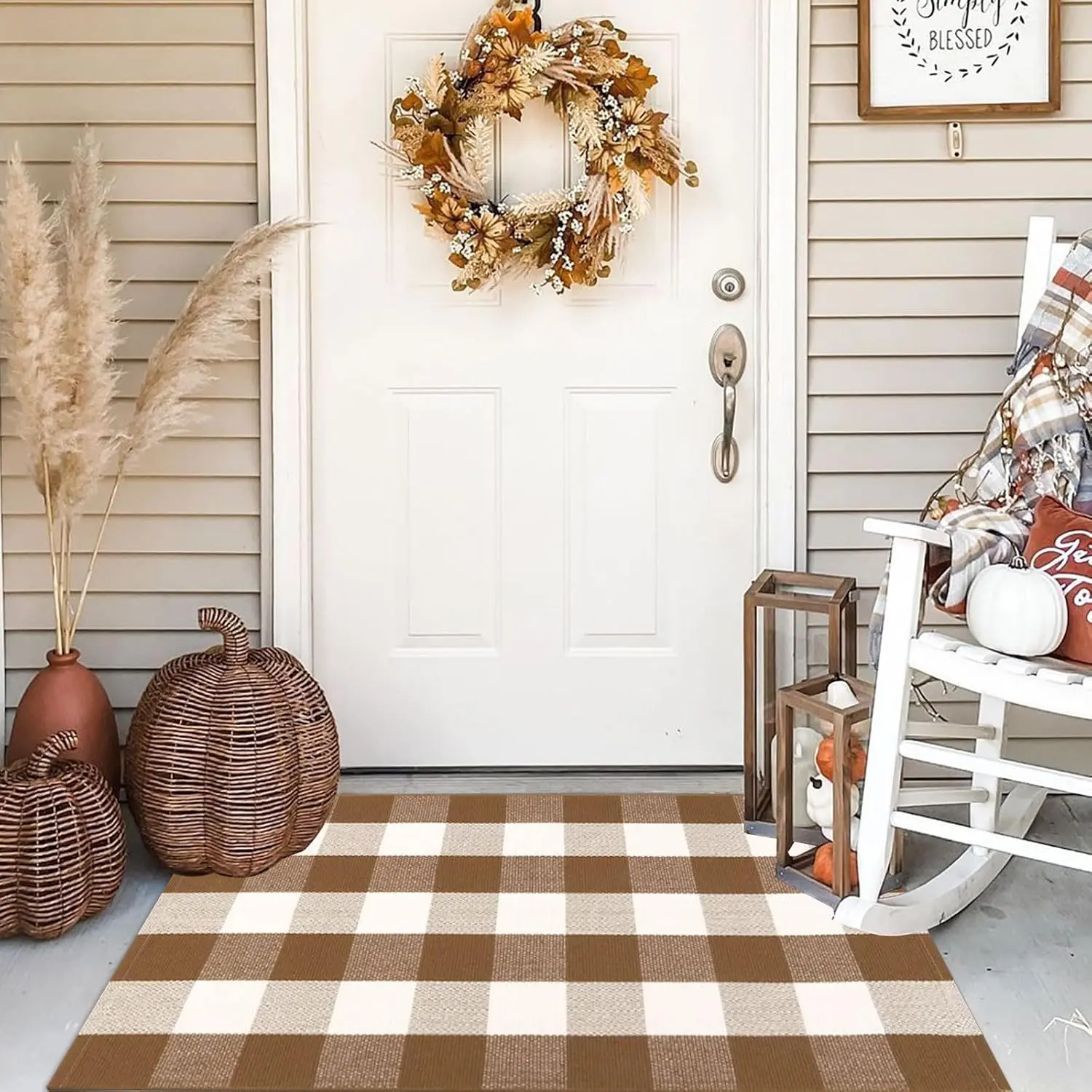 #tiktokshopdeal Buffalo Plaid Outdoor Rugs, 2'4" x 3'7" Brown and White Checkered Indoor/Outdoor Area Rug, Layering Rug for Hello/Welcome Door Mat, Washable Cotton Woven Farmhouse Mat for Fall Front Porch Décor