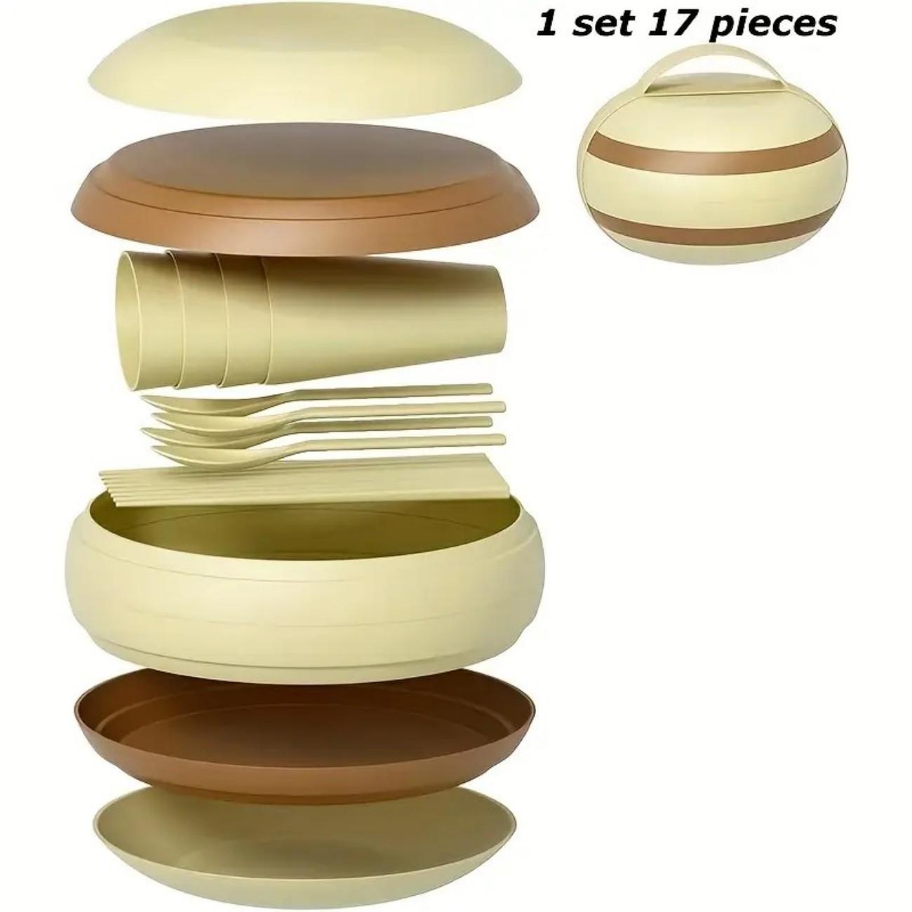 17-Piece Outdoor Picnic Cutlery Set, Includes Cups, Plates, Spoons, Chopsticks, Bowls, Portable Plastic Set, Ideal for Camping, BBQ, Hiking, Travel, Outdoor Parties