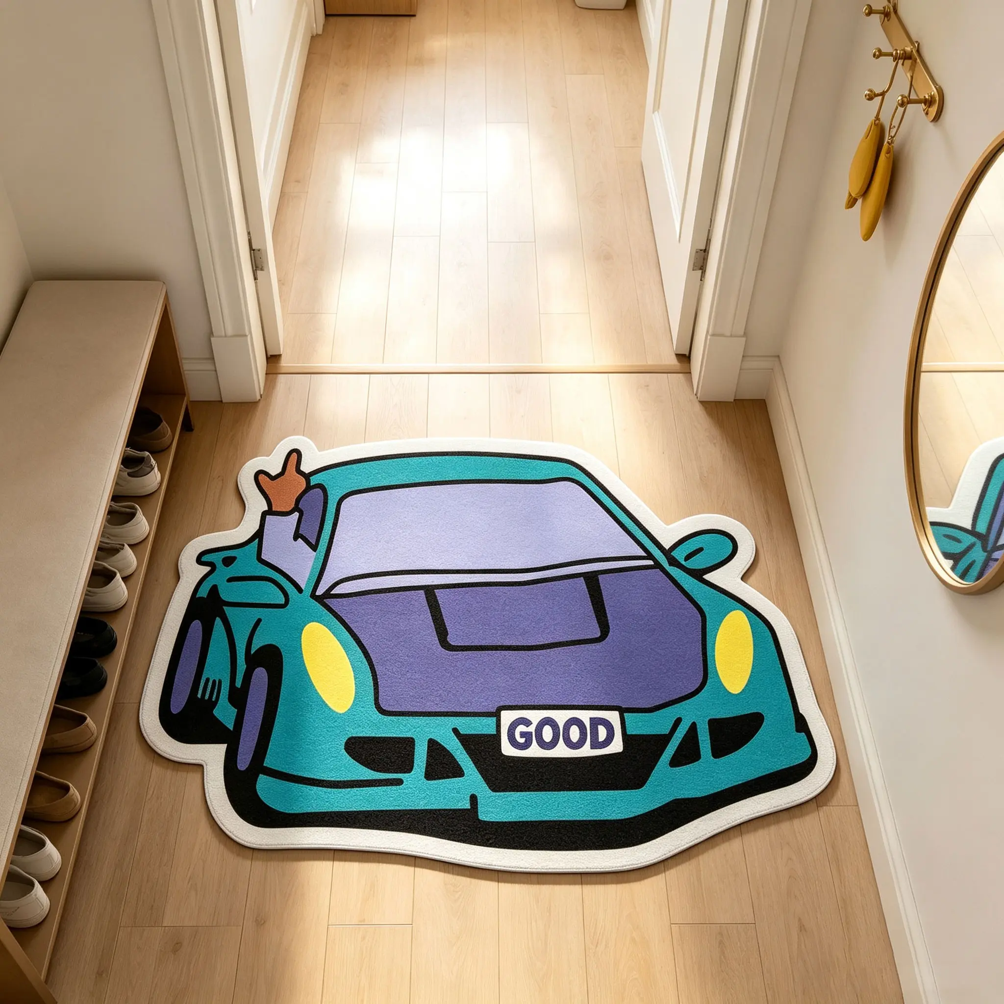 American Street Style Funny Gesture Car Print Rug, Washable, Easy to Clean, Soft Comfortable Mat, Foldable, Suitable for Living Room, Bedroom, Balcony, Lobby, Study, Hotel