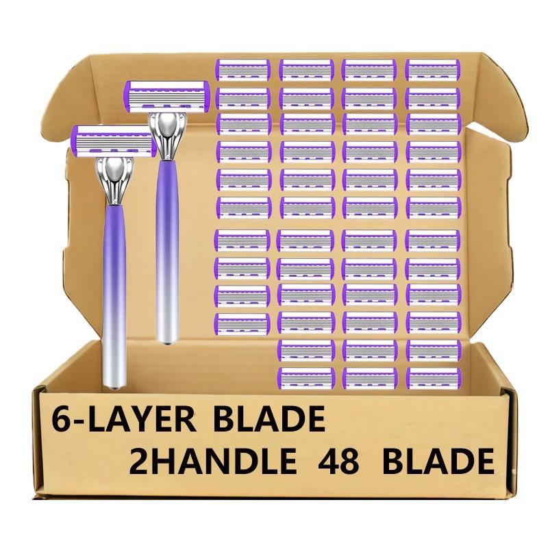 Gradient Purple 6-Layer Blade Shaving Razor Set for Women Girls, 2 Comfort Grip Handles & 48 Replacement Blades, Gentle Smooth Irritation-Free Shaver for Full Body Hair Removal, Perfect for Legs, Armpits & Bikini Line Daily Use Body Care