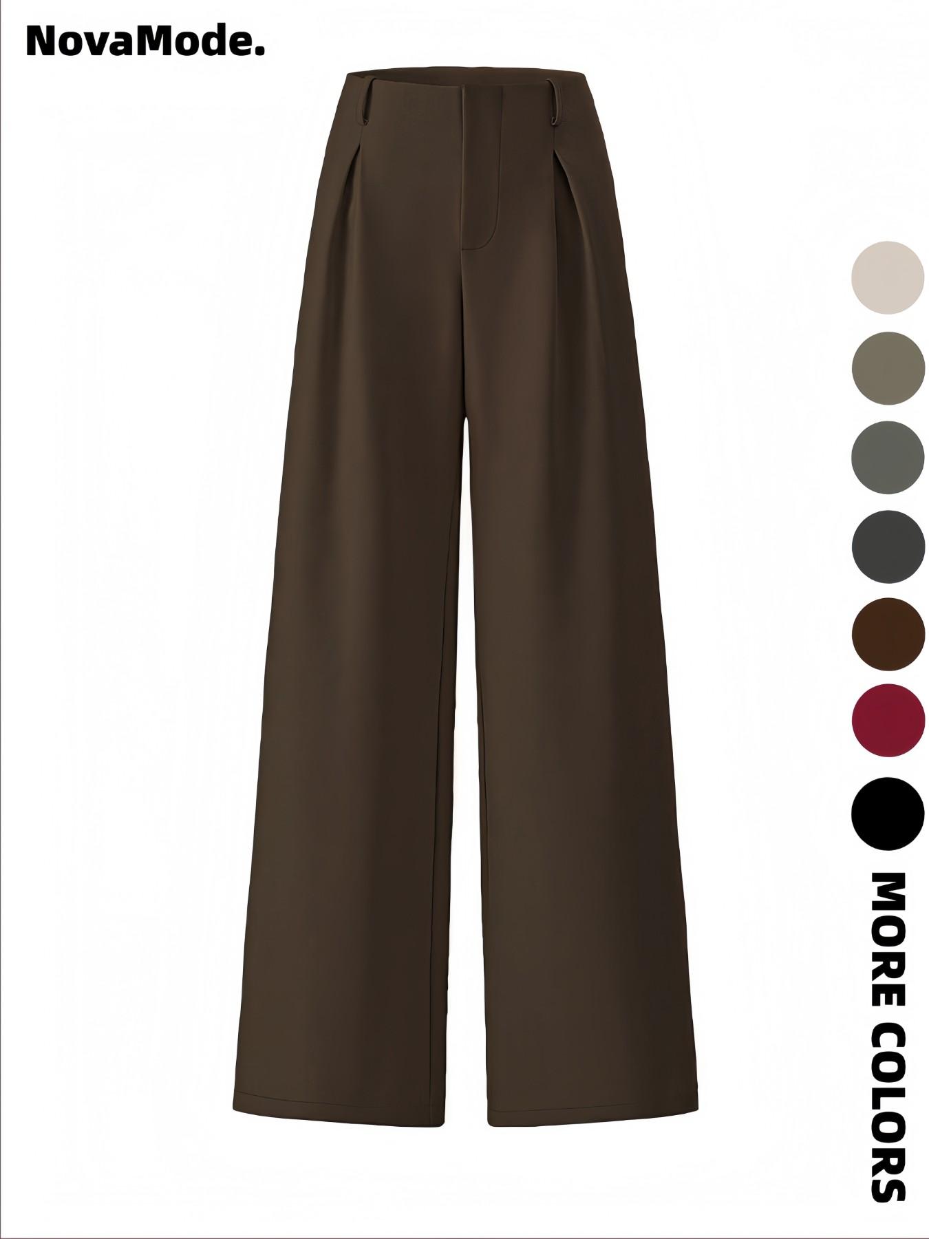 Women's Solid Color Plicated Pocket Wide Leg Pants, Elegant Zipper Fly Trousers for Work Office Business, Ladies Spring & Fall Clothes