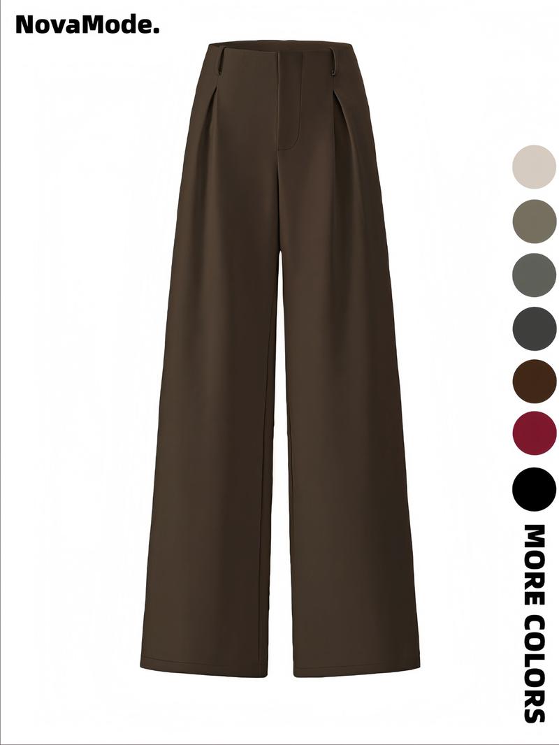 Women's Solid Color Plicated Pocket Wide Leg Pants, Elegant Zipper Fly Trousers for Work Office Business, Ladies Spring & Fall Clothes