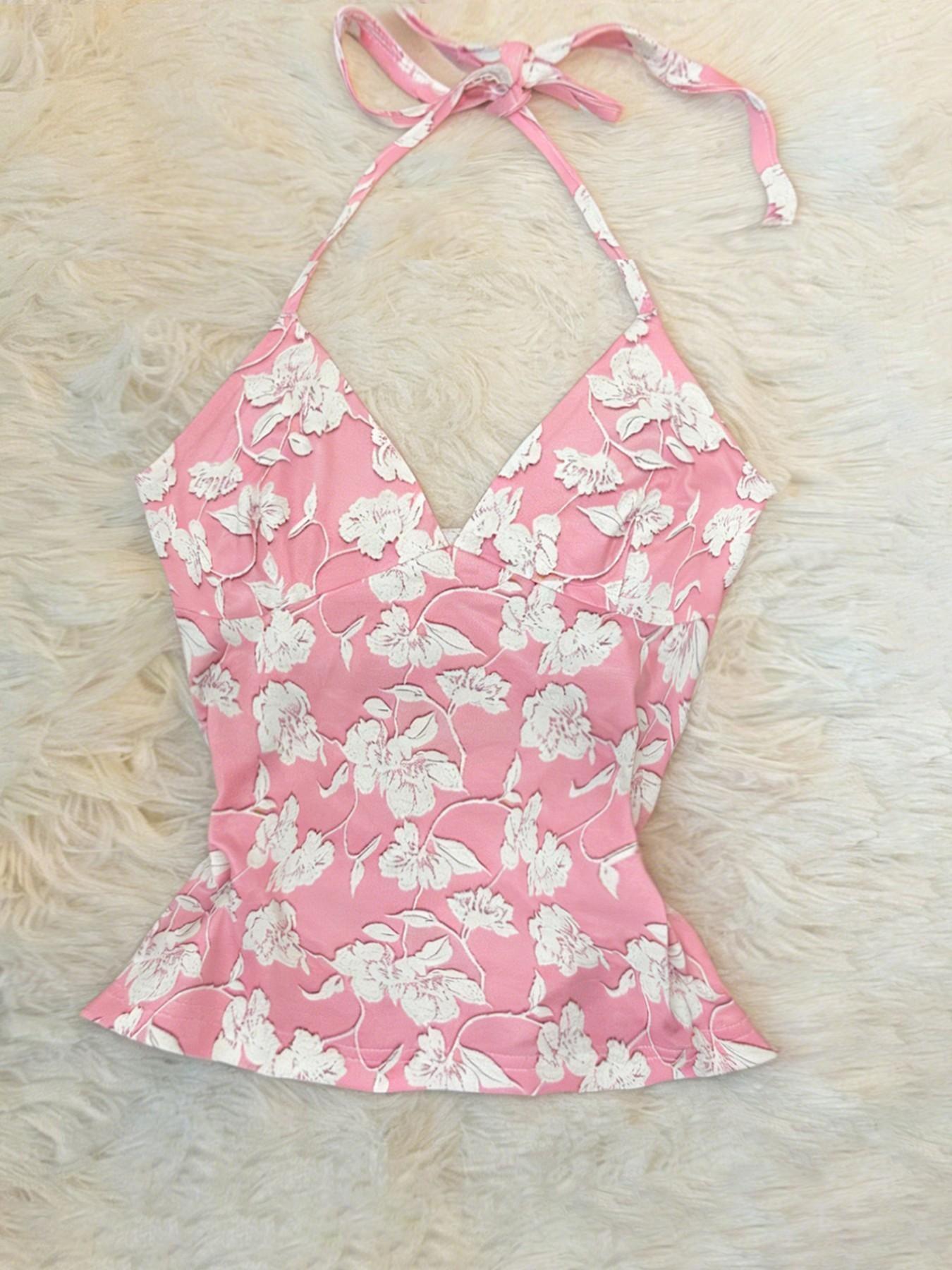 Summer Ditsy Floral Strap Top, French V-Neck Slim-Fit Crop Tank, Casual Y2K Style for All Seasons, Perfect for Dates & Vacations