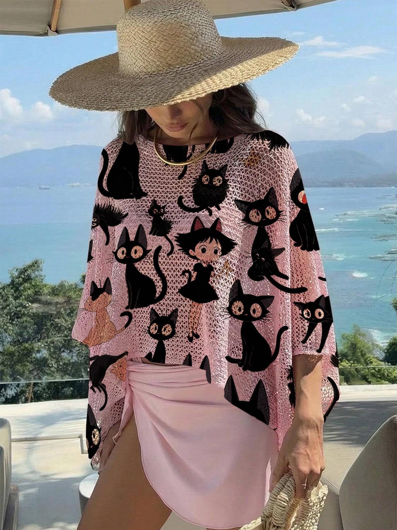 Elegant Cartoon Animal Print One-Shoulder Long Sleeve Knit Top, Casual Vacation Style, Comfortable Breathable Women's Shirt, Spring Summer Fall Fashion