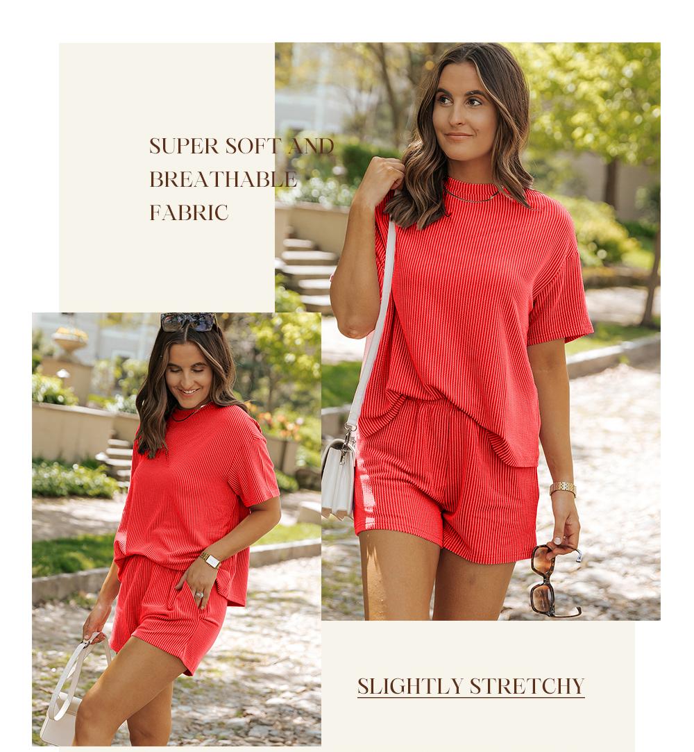 Asvivid Women's Summer Short Sleeve Twisted Thread Shirt & Shorts with Pockets Casual Pajamas Ribbed Textured Outfit Matching Lounge Set