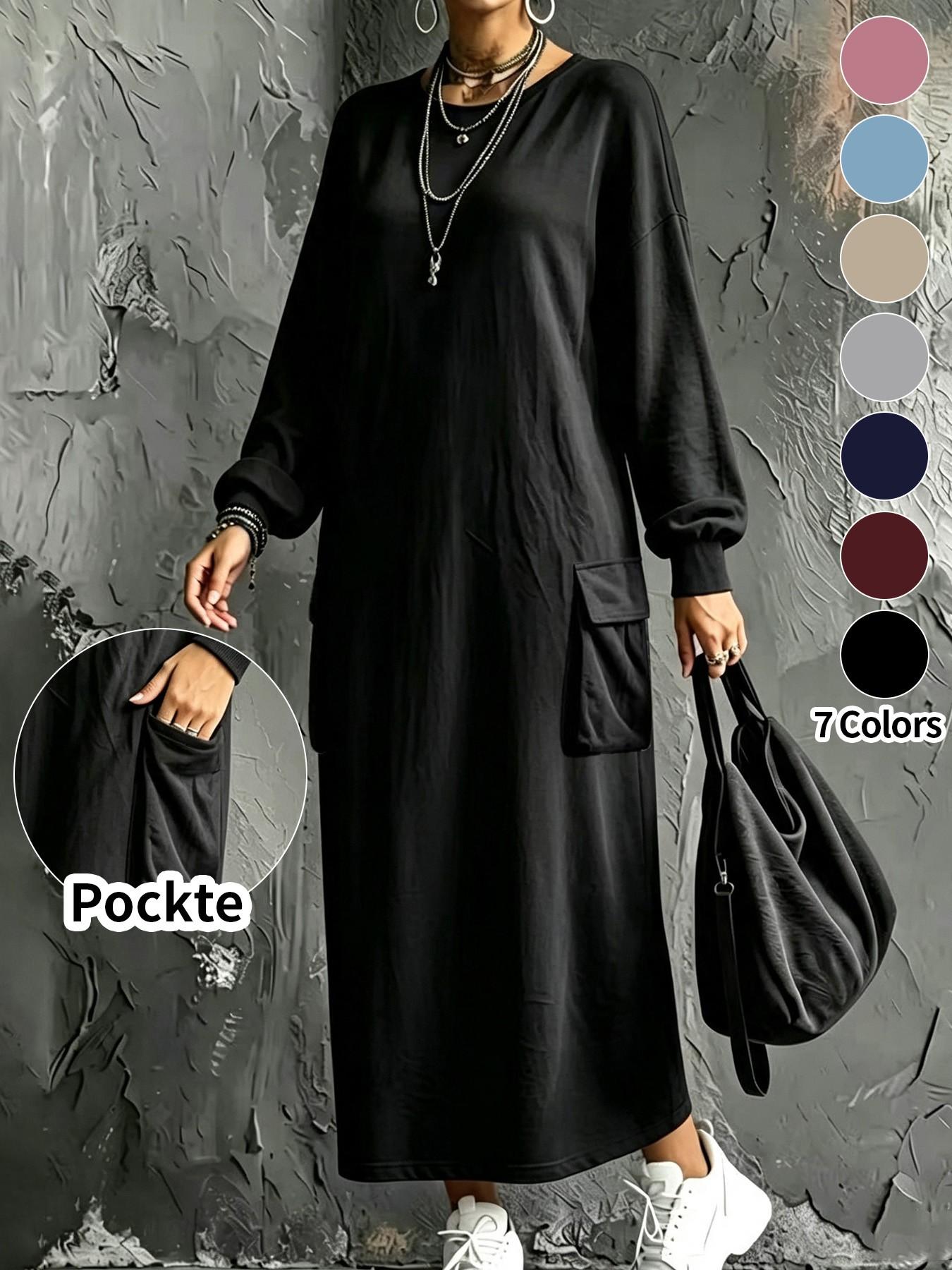 Plus Size Women's Casual Workwear Pocket Sweatshirt Dress, Long Sleeve Hiding Belly Lazy Girl Dress, Daily Home Outdoor Wear Basic