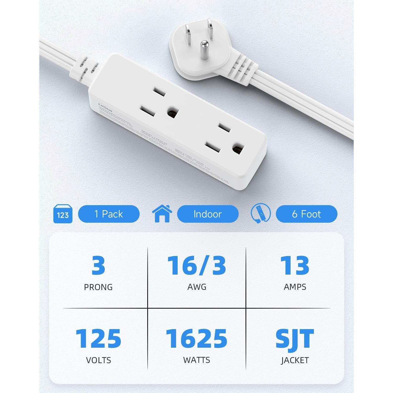 Flat Plug Extension Cord with 3 Outlets - 6 ft White Low Profile Indoor 3 Prong Grounded Power Strip for Office & Travel - 16/3 AWG, 13A/1625W Flat Plug Extension Cord with 3 Outlets - 6 ft White Low Profile Indoor 3 Prong Grounded Power Strip for Office & Travel - 16/3 AWG, 13A/1625W