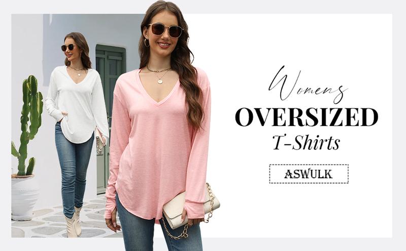 Aswulk Womens Deep V Neck Tunic Tops Long Sleeve Oversized Casual Loose Fit Curved Hem T Shirts