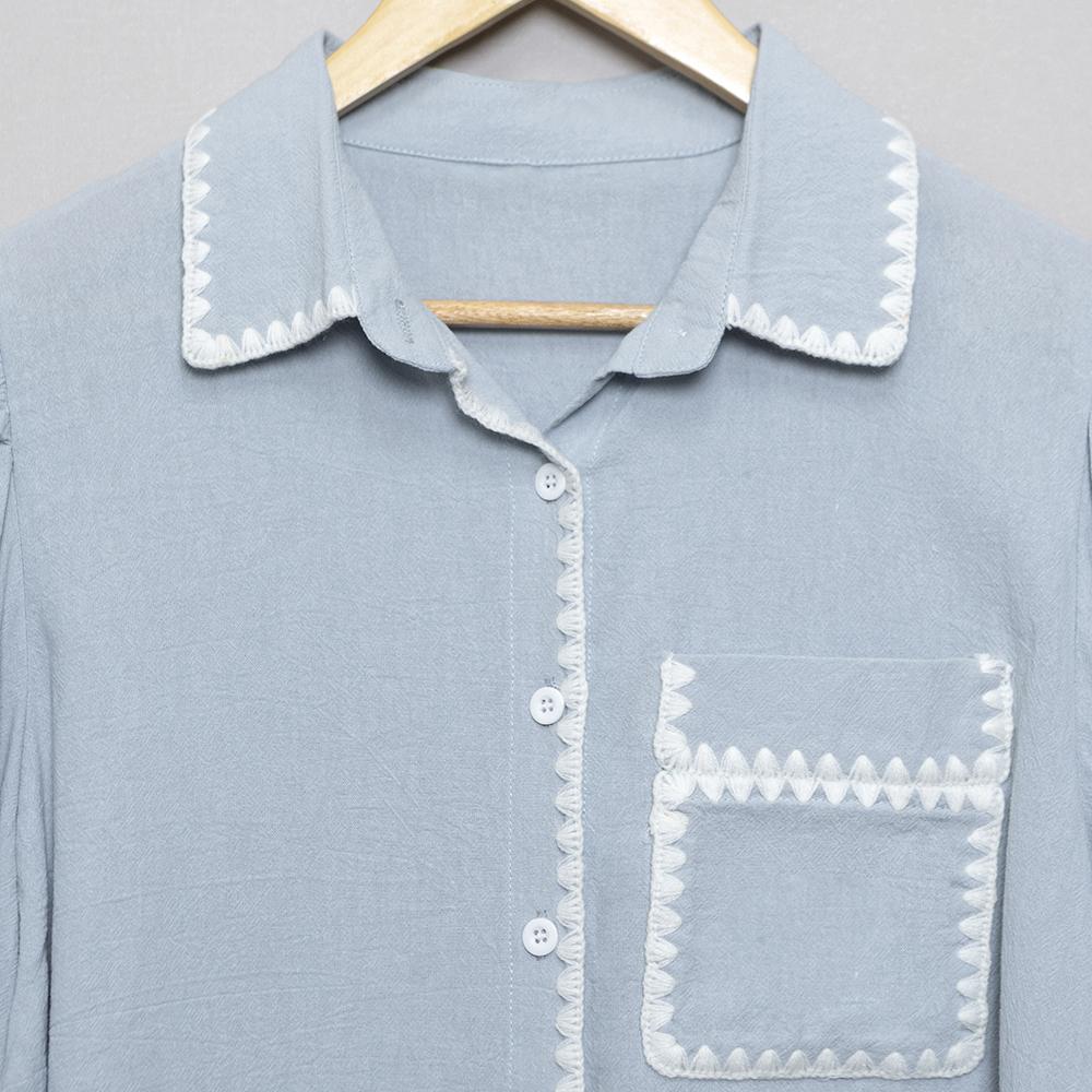 SageVell 100% Cotton 3/4 Puff Sleeve Chambray Shirt - Blue Collared Blouse with White Trim, Cottagecore Essential Top for Women SpringStatements