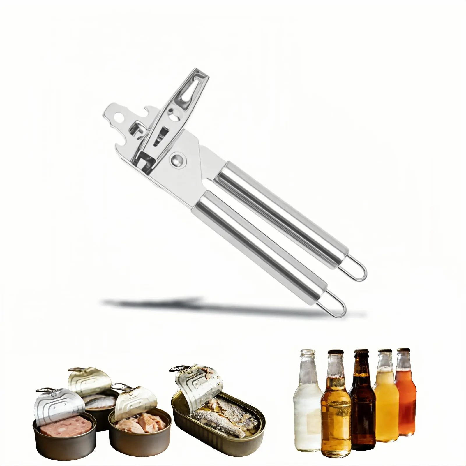 Stainless Steel Manual Can Opener, 3-In-1 Multifunctional, High-Carbon Steel Cutting Wheel, Ergonomic Handle, 7.28 Inch, for Food Cans and Bottles