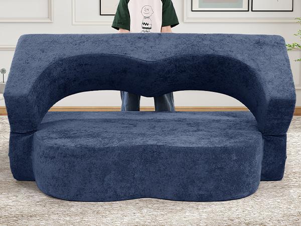 78" Convertible Sofa Bed with Pillows Queen Sleeper Sofa,Foam Folding Mattress Sleeper Modern Teddy Fabric Floor Cushion and Futon Chaise Lounge Sofa,For Apartments,Guest Rooms,Guest Use,Condo,Blue