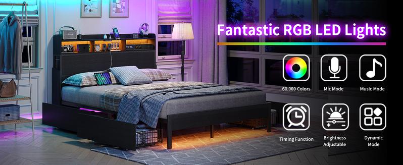 FUSOU LED Twin & Full Size Bed Frame with Charging Station, Metal Platform Bed Frame with Headboard, No Box Spring Needed, Heavy Duty