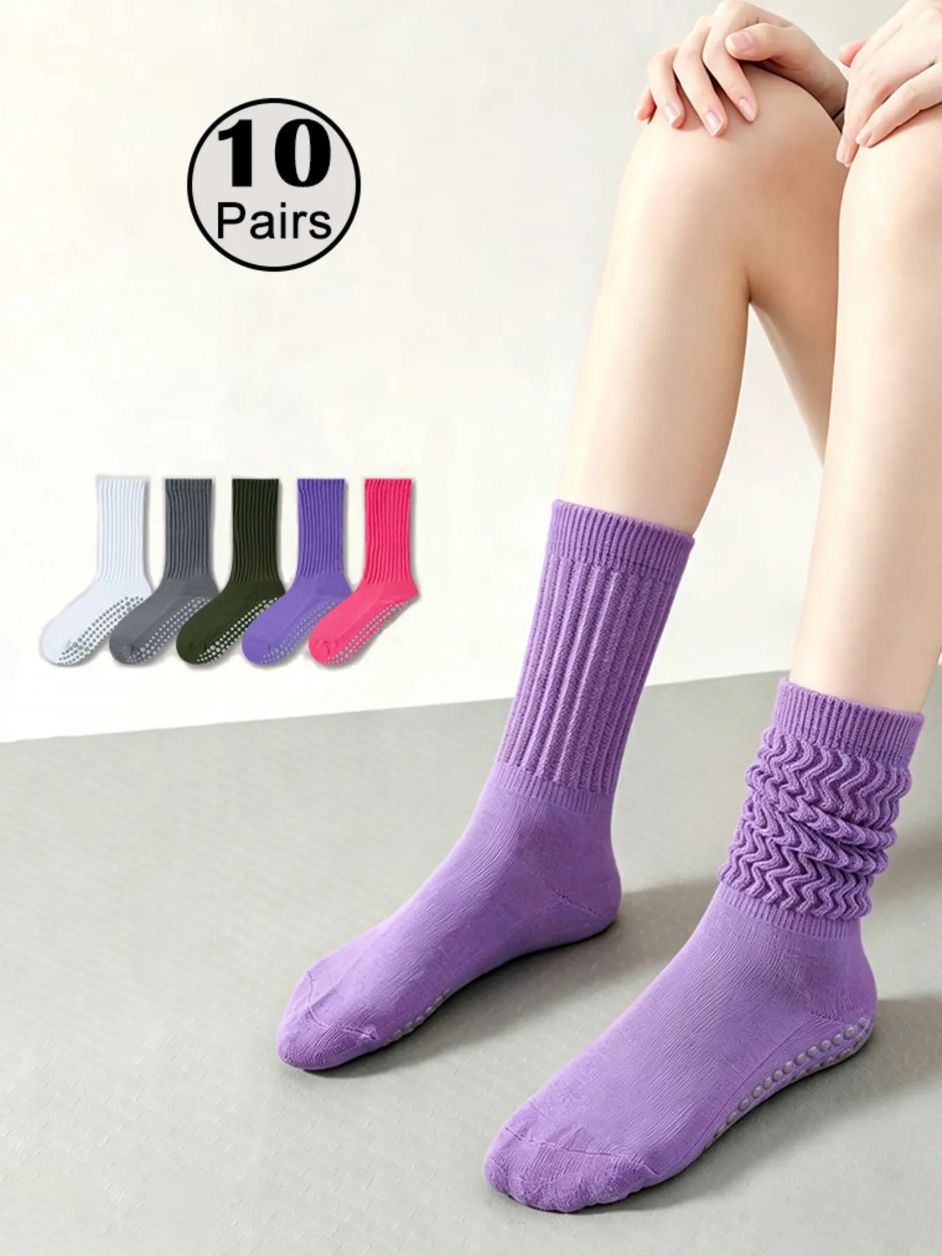 10 Pairs Women's Anti-Slip Pilates Socks, Solid Color Thick Mid-Calf Compression Socks, Comfortable and Durable Footwear for Daily Use