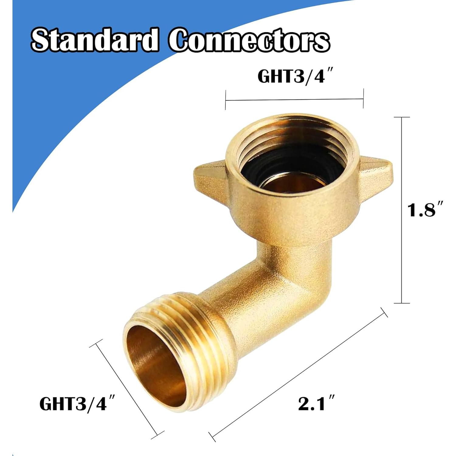 2 Pack 90  Garden Hose Elbow Connectors, 3/4" Brass Hose Elbow with 2 Washers, Hose Adapter for RV Water Hookups Residential Outdoor Faucets