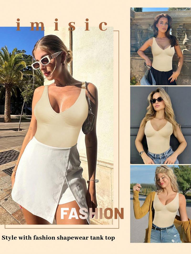 Women's 2-Piece Shapewear Tank Top Deep V Neck Tummy Control Seamless Slim Fit Body Sculpting Compression Top, Casual All-Seasons Undergarment, Moderate Fabric Thickness