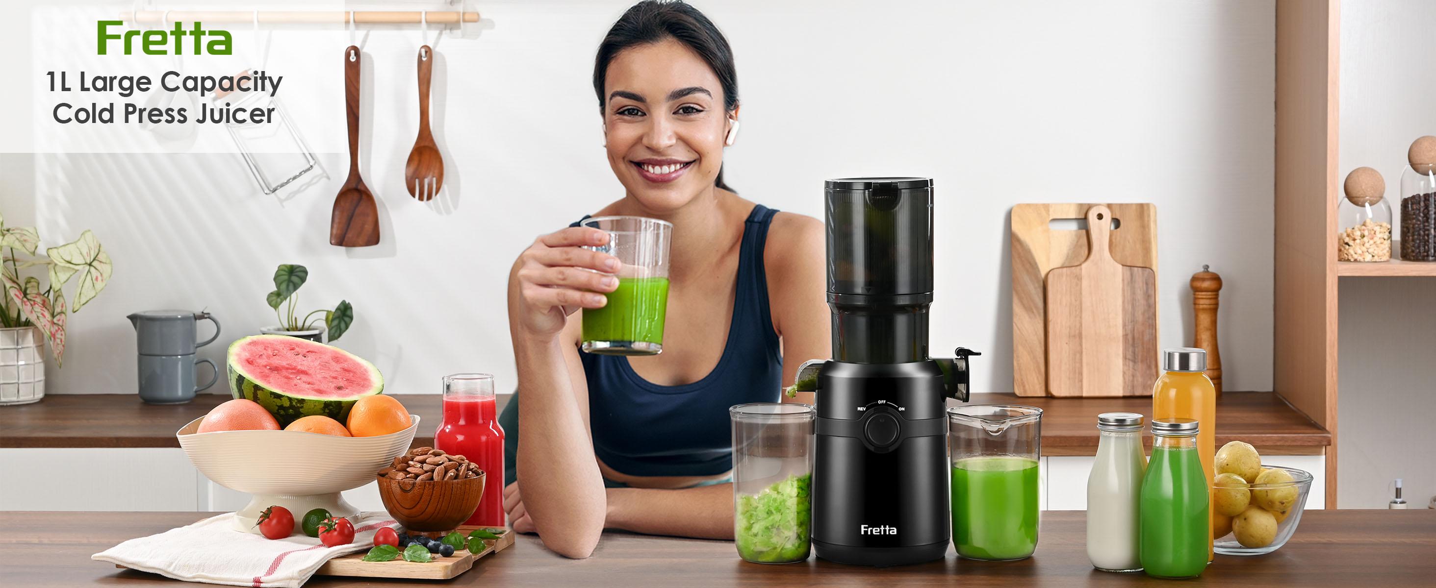 Fretta Cold Press Juicer Machine, 4.25" Large Feed Chute, Compact Juicer Machines for Fruits & Vegetables, Sleek Design Personal Size Tritan BPA-Free