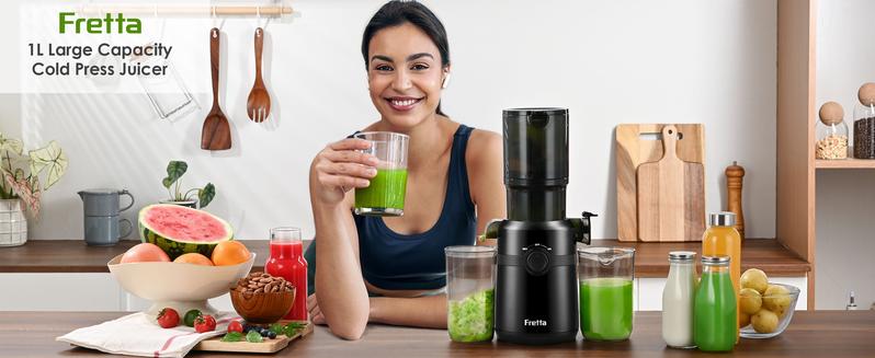 Fretta Cold Press Juicer Machine, 4.25" Large Feed Chute, Compact Juicer Machines for Fruits & Vegetables, Sleek Design Personal Size Tritan BPA-Free