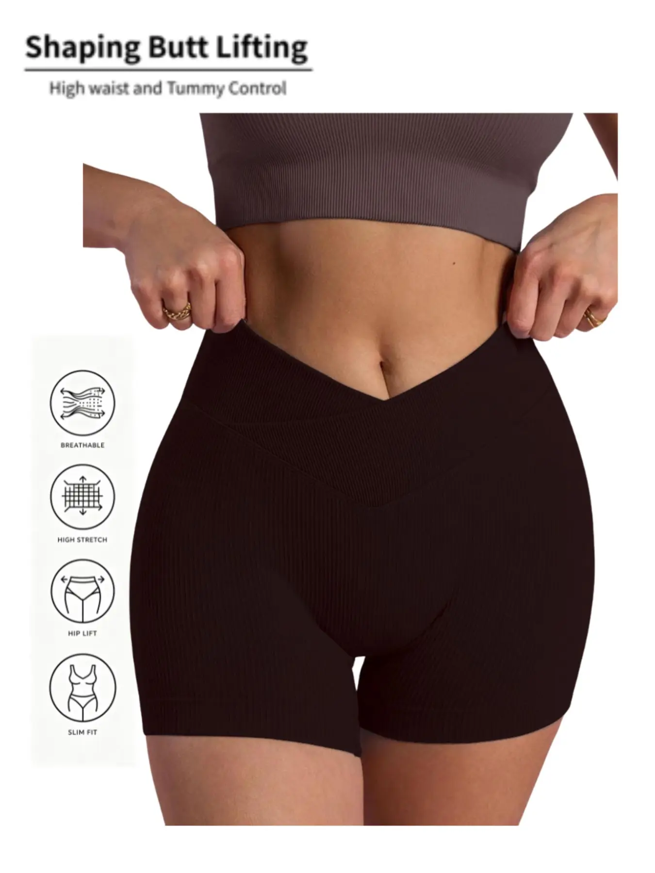 V Waist Ribbed Seamless Biker Shorts, Tummy Control Butt Lifting, Comfortable Fit, Seamless Stretch Shorts, Ideal for Daily Wear & Activewear, Solid Ribbed Shorts, Sportswear
