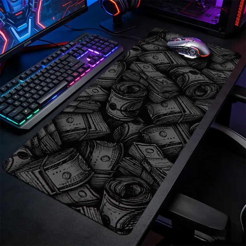 Black Sketch Rolled Cash Dollar Bills Large Extended Gaming Mouse Pad, Hustle Grunge Desktop Protector, Smooth Non-Slip Rubber Lock Edge HD Print, Suitable for Gaming Office Gift for Hustle Finance Money Art Fans