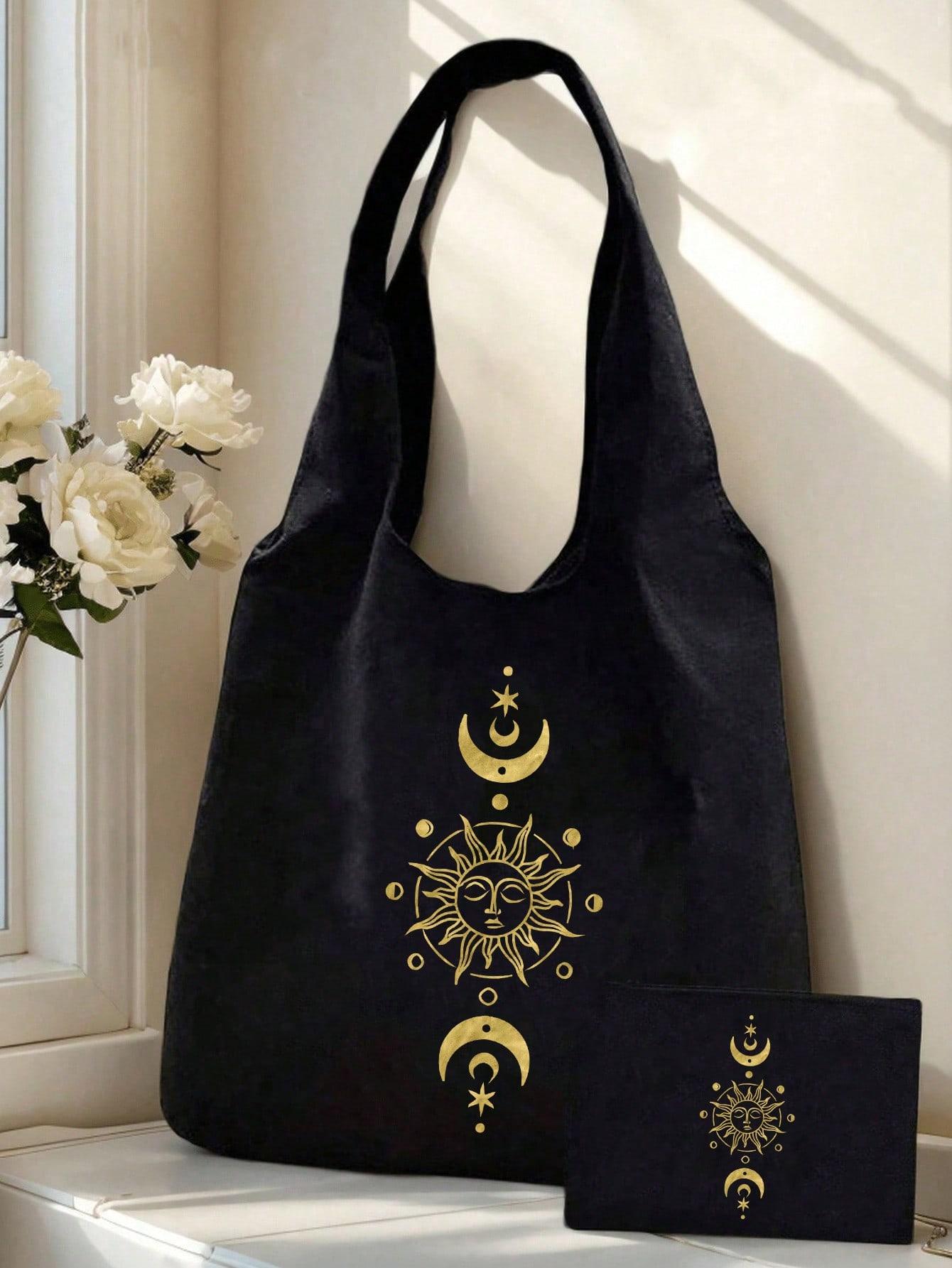 Sun, Moon, Stars Printed Canvas Shoulder Bag, Black Printed Vest Tote Bag and Black Small Bag, Shoulder Tote Bag, Multi-functional Shopping Bag, Commuter Bag, Valentine's Day Gift, Personalized Wedding Bridesmaid Gift Bag, Cosmetic Bag