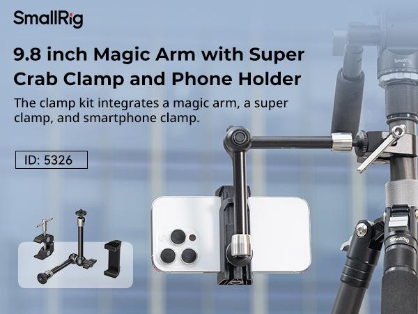SmallRig Clamp w/ 1/4" and 3/8" Thread Holes, 9.8 Inches Adjustable Friction Power Articulating Magic Arm with Phone Holder for iphone17 Pro/MAX,Action Cameras, Smartphones, LCD Monitor/LED Lights - 5326