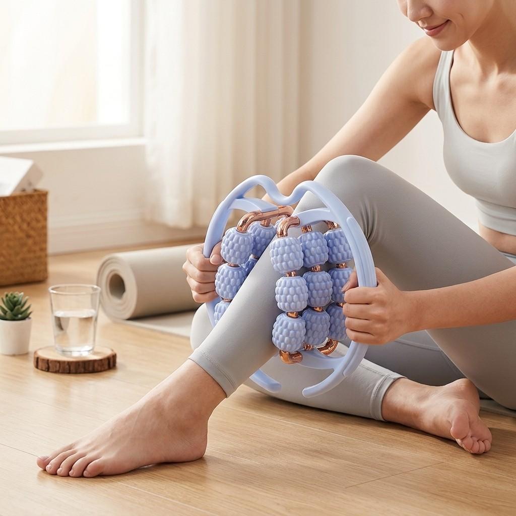18-Wheel Circular Leg Massager, Rose Gold Metal Connectors, Ergonomic Arc Frame, Muscle Activation & Relaxation, Yoga & Home Use