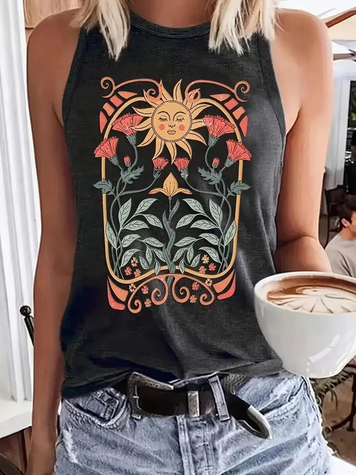 Women's Floral & Sun Print Round Neck Tank Top, Boho Sleeveless Crew Neck Top for Summer, Ladies Clothes for Daily Wear