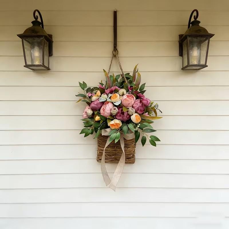 Peony Flower Door Basket Wreath, Spring Summer Wall Hanging Decor, Includes Hydrangea, Plastic Wreath for Front Door, Mother's Day, Daily Decor