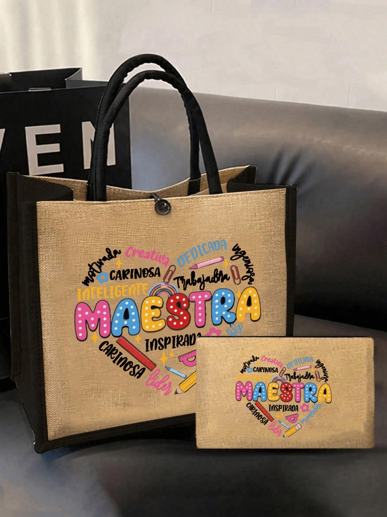 Maestra Theme Tote Bag and Makeup Pouch Set, Large Capacity Linen Shopping Bag, Heart Pattern, Cosmetic Organizer, Casual All-Season Style