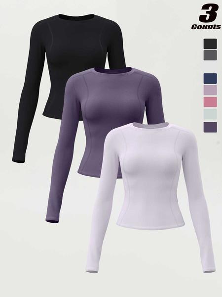 New Spring Autumn Women's Slim-Fit Long Sleeve T-Shirt, Casual Round Neck Yoga Top, Running Fitness Shirt, Athletic Yoga Shirts, All Seasons Wear