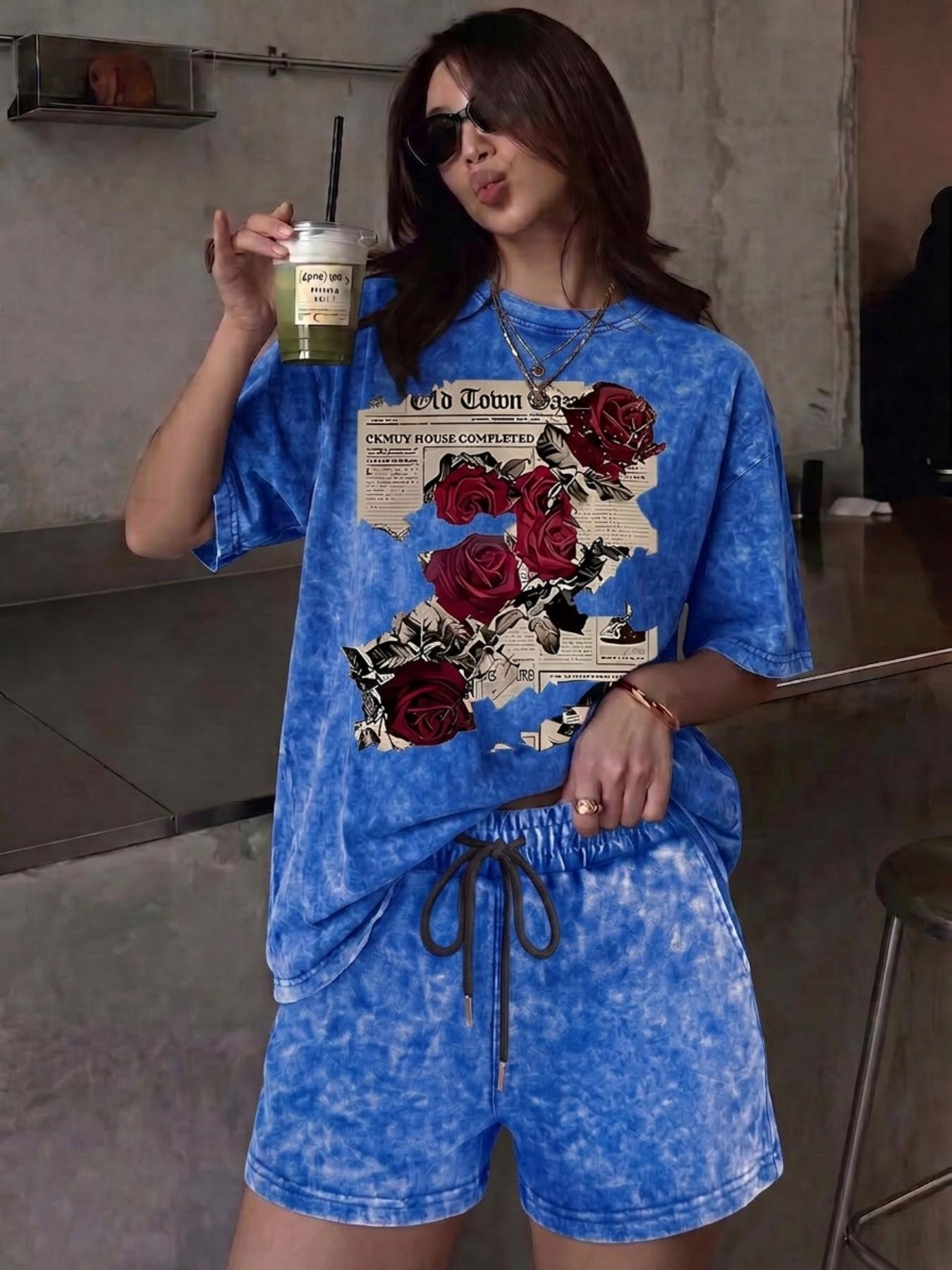 A relaxed, casual two-piece set featuring a floral rose-print tie-dye design; includes a crew-neck, short-sleeve washed T-shirt and drawstring shorts with pockets—perfect for outdoor leisure Clothes