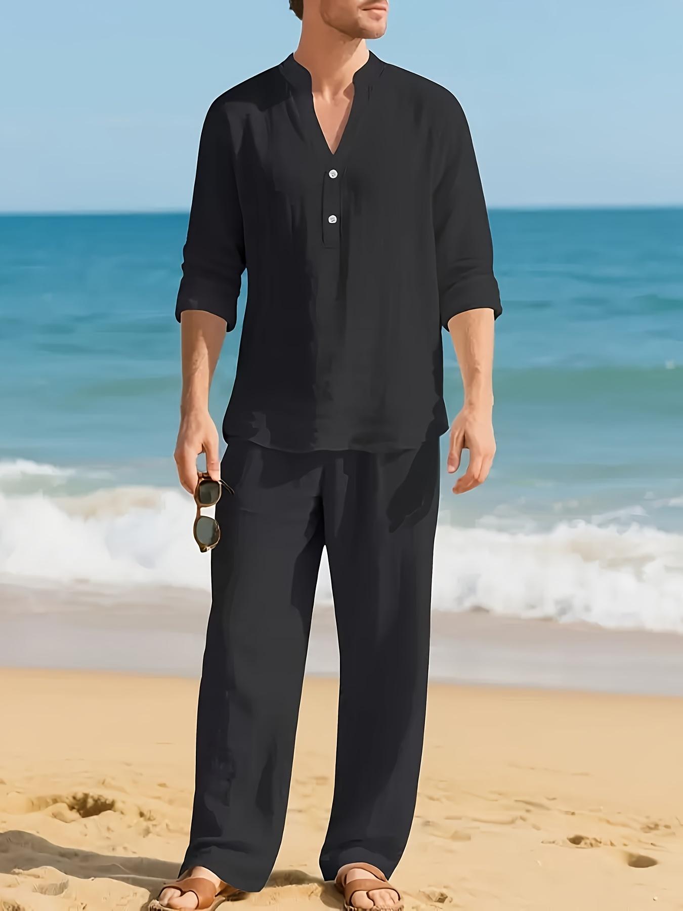 Men's 2-Piece Linen Pajamas & Loungewear Set - Long Sleeve, V-Neck, Loose, Breathable, Casual Menswear for Autumn, Winter