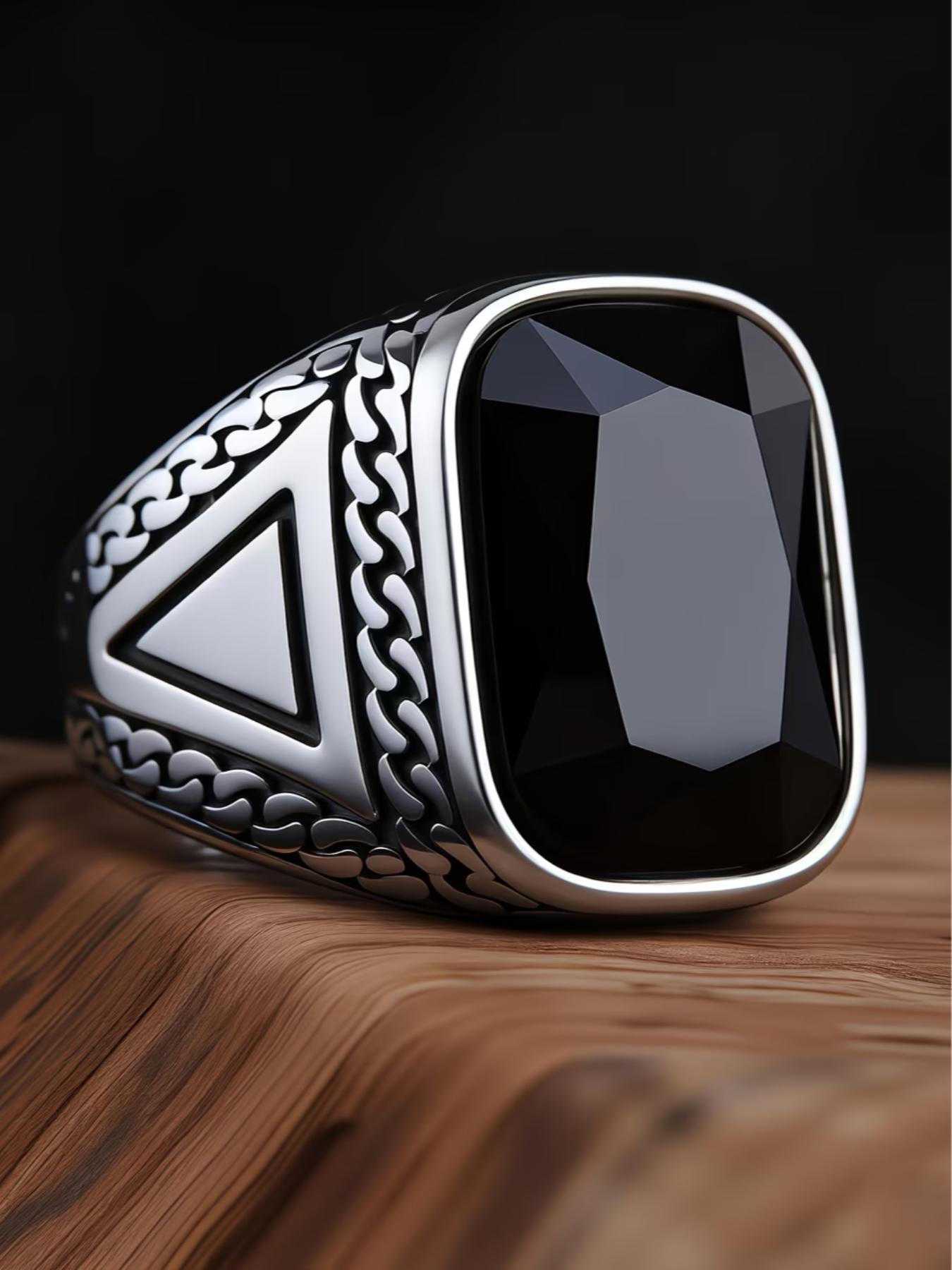 Tribal Style Men's Blue Ring, 316L Stainless Steel, Inlaid with Square Agate, Simple and Grand