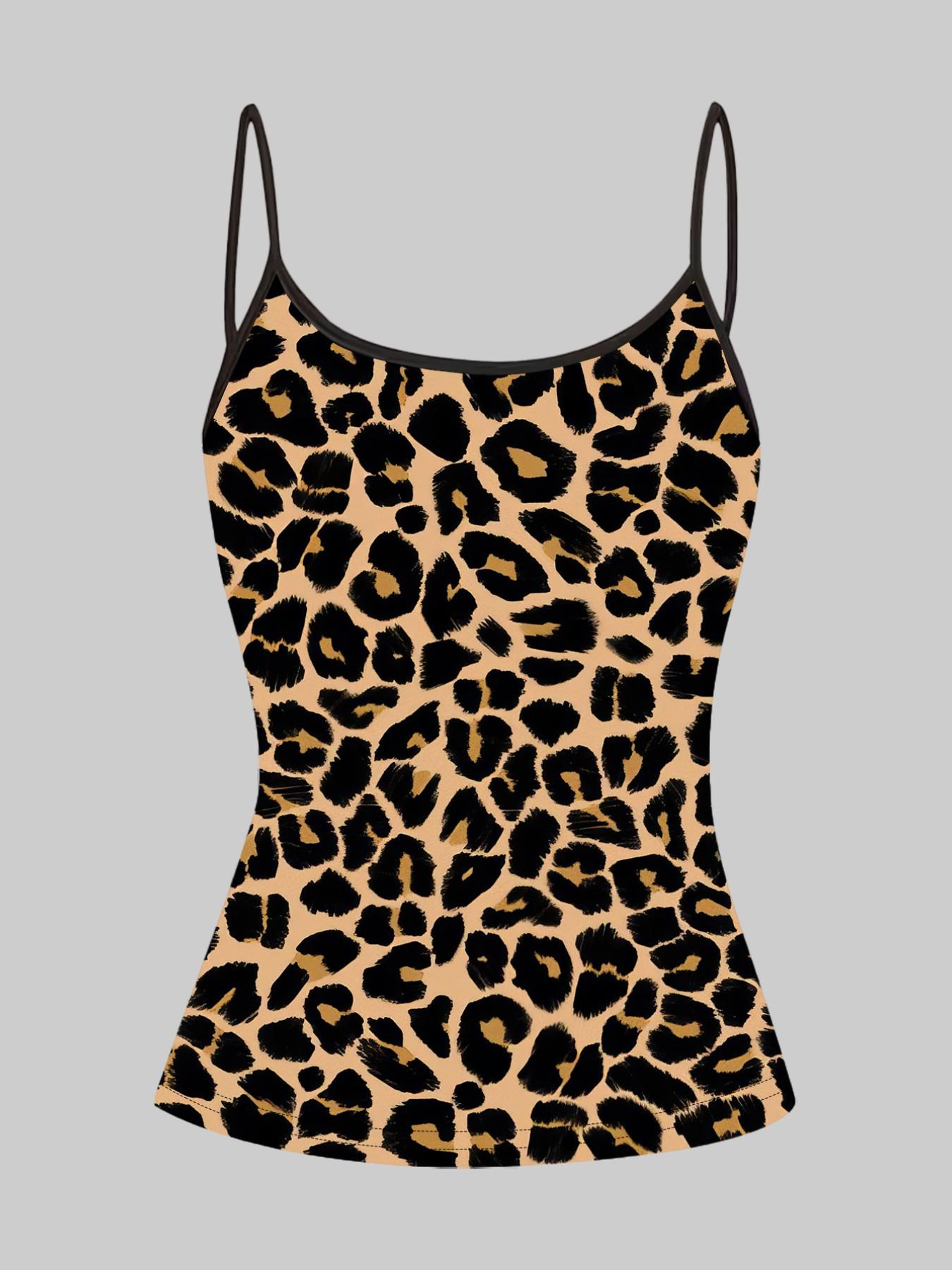 Classic Leopard Print Strappy Top, Summer Home Sleepwear Outerwear, Unique Slim-Fit Shirt Set of Four Pieces, Casual Style