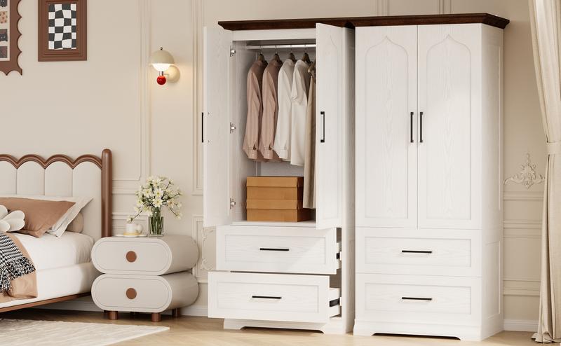 LIKIMIO Armoire Wardrobe Closet 70.9" H,with 2 Doors & 2/3 Drawers,Bedroom Wooden Wardrobe with 3 Hooks & Hanging Rod,Freestanding Closet System