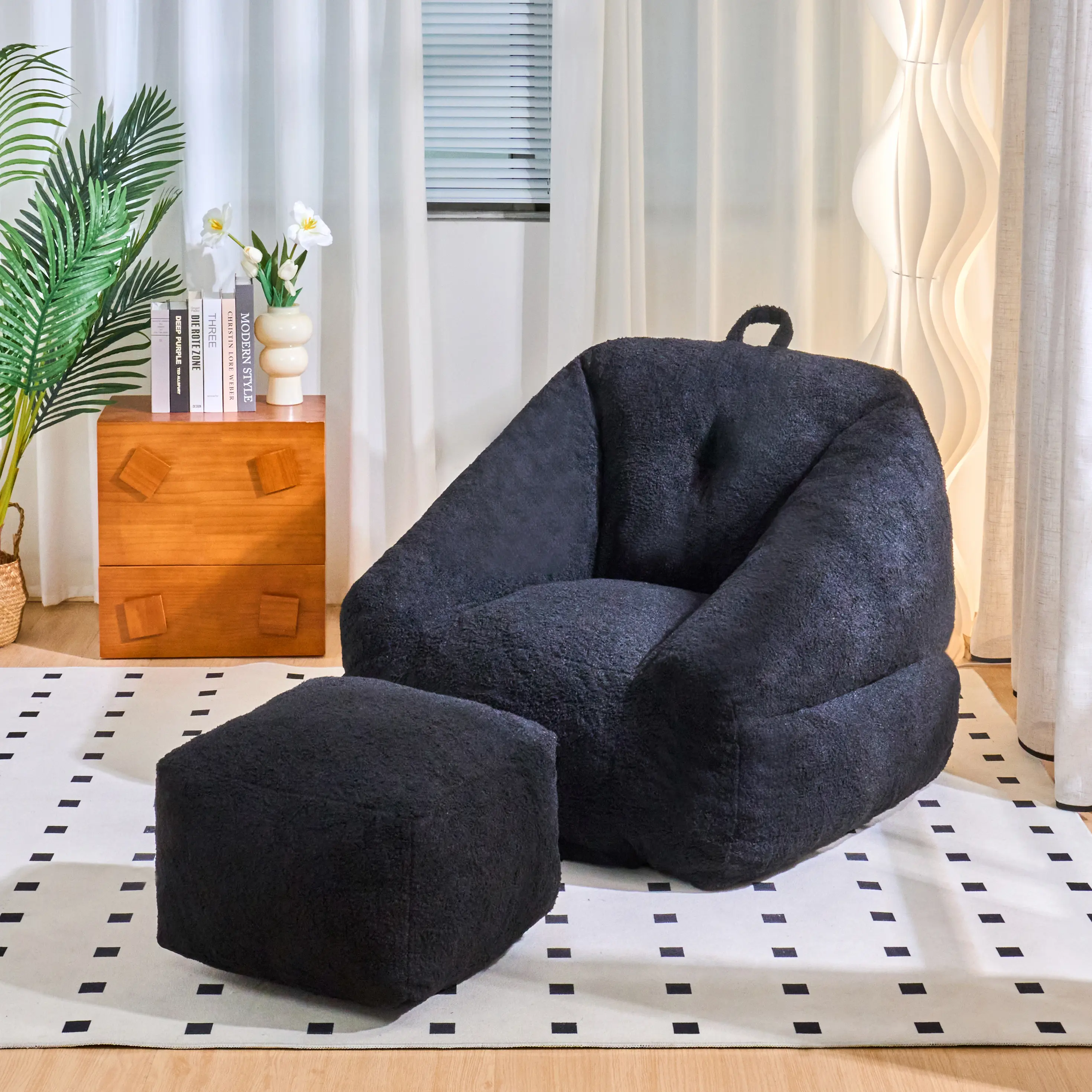 Bean Bag Chair with Memory Foam Filler, Black Faux Fur Fluffy Lazy Sofa for Living Room, Dorm, Apartment
