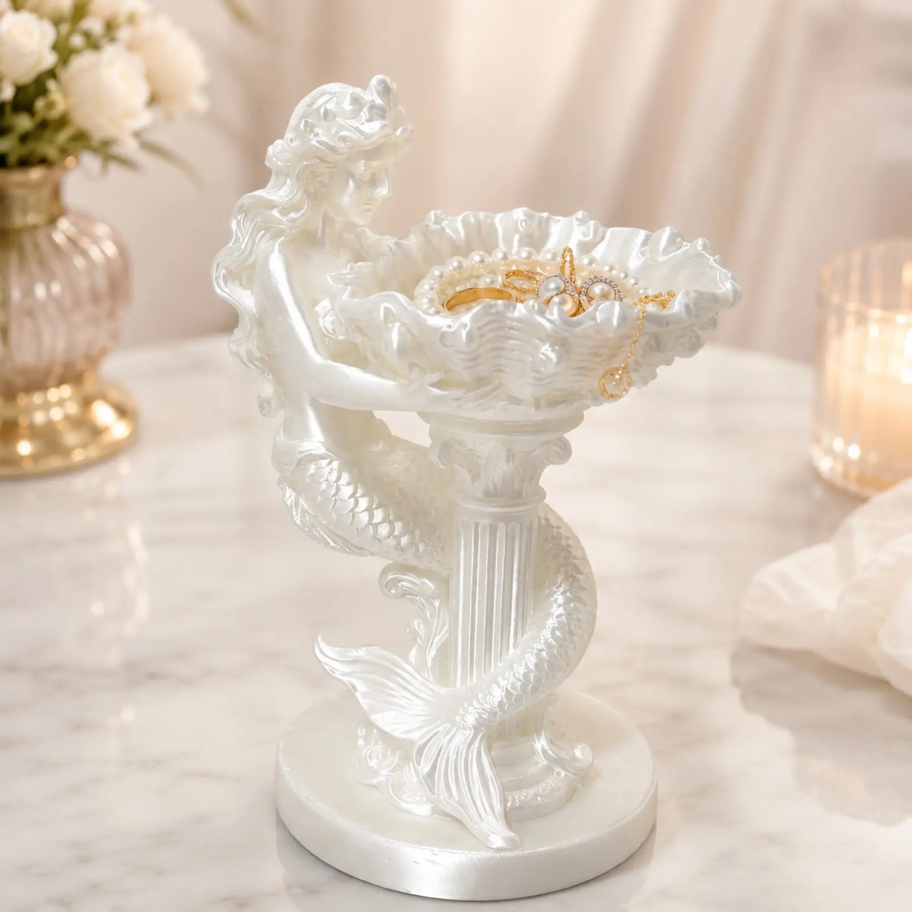 Pearl Mermaid Jewelry Storage Box, Shell Trinket Tray and Ring Holder, Coastal Style Vanity Desk Decor, Unique Gift for Jewelry Lovers, Mermaid Design